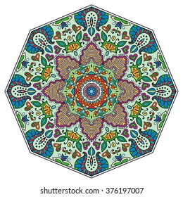 Mandala round ornament decorative isolated element, geometric floral circular pattern. Tribal ethnic Arabic Indian motif. Hand drawn fantasy abstract background