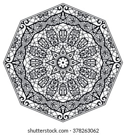 Mandala round ornament decorative isolated element, geometric floral circular pattern. Tribal ethnic Arabic Indian motif. Hand drawn fantasy abstract background. Black and white