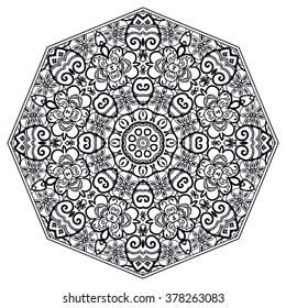 Mandala round ornament decorative isolated element, geometric floral circular pattern. Tribal ethnic Arabic Indian motif. Hand drawn fantasy abstract background. Black and white