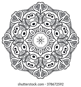 Mandala round ornament decorative isolated element, geometric floral circular pattern. Tribal ethnic Arabic Indian motif. Hand drawn fantasy abstract background. Black and white