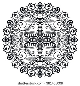 Mandala round ornament decorative isolated element, geometric floral circular pattern. Tribal ethnic Arabic Indian motif. Hand drawn fantasy abstract background. Black and white