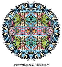 Mandala round ornament decorative isolated element, geometric floral circular pattern. Tribal ethnic Arabic Indian motif. Hand drawn fantasy abstract background