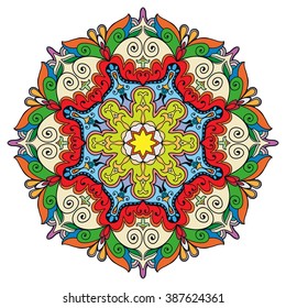 Mandala round ornament decorative isolated element, geometric floral circular pattern. Tribal ethnic Arabic Indian motif. Hand drawn fantasy abstract background