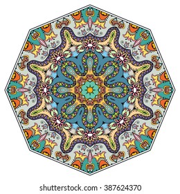 Mandala round ornament decorative isolated element, geometric floral circular pattern. Tribal ethnic Arabic Indian motif. Hand drawn fantasy abstract background