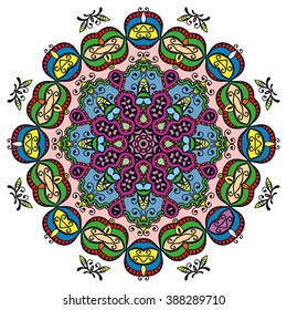 Mandala round ornament decorative isolated element, geometric floral circular pattern. Tribal ethnic Arabic Indian motif. Hand drawn fantasy abstract background