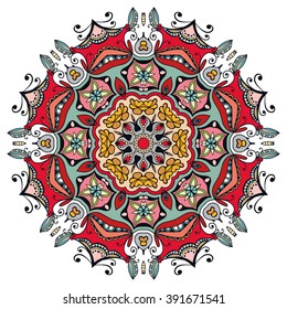 Mandala round ornament decorative isolated element, geometric floral circular pattern. Tribal ethnic Arabic Indian motif. Hand drawn fantasy abstract background