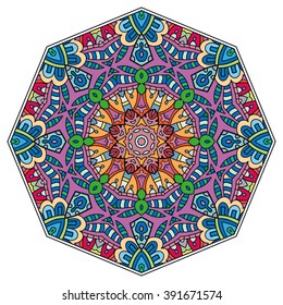 Mandala round ornament decorative isolated element, geometric floral circular pattern. Tribal ethnic Arabic Indian motif. Hand drawn fantasy abstract background