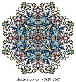 Mandala round ornament decorative isolated element, geometric floral circular pattern. Tribal ethnic Arabic Indian motif. Hand drawn fantasy abstract background