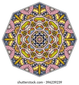 Mandala round ornament decorative isolated element, geometric floral circular pattern. Tribal ethnic Arabic Indian motif. Hand drawn fantasy abstract background