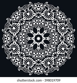Mandala round ornament decorative isolated element, geometric floral circular pattern. Tribal ethnic Arabic Indian motif. Hand drawn fantasy abstract black and white background. 