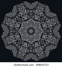 Mandala round ornament decorative isolated element, geometric floral circular pattern. Tribal ethnic Arabic Indian motif. Hand drawn fantasy abstract black and white background. 