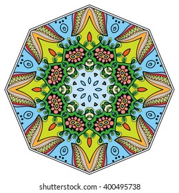 Mandala round ornament decorative isolated element, geometric floral circular pattern. Tribal ethnic Arabic Indian motif. Hand drawn fantasy abstract background