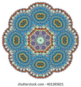 Mandala round ornament decorative isolated element, geometric floral circular pattern. Tribal ethnic Arabic Indian motif. Hand drawn fantasy abstract background