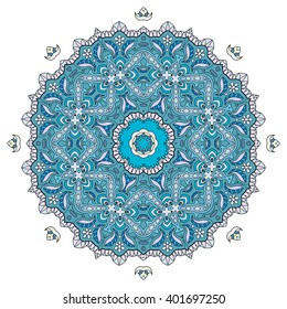 Mandala round ornament decorative isolated element, geometric floral circular pattern. Tribal ethnic Arabic Indian motif. Hand drawn fantasy abstract background