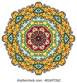 Mandala round ornament decorative isolated element, geometric floral circular pattern. Tribal ethnic Arabic Indian motif. Hand drawn fantasy abstract background