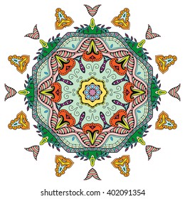 Mandala round ornament decorative isolated element, geometric floral circular pattern. Tribal ethnic Arabic Indian motif. Hand drawn fantasy abstract background