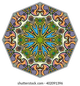 Mandala round ornament decorative isolated element, geometric floral circular pattern. Tribal ethnic Arabic Indian motif. Hand drawn fantasy abstract background