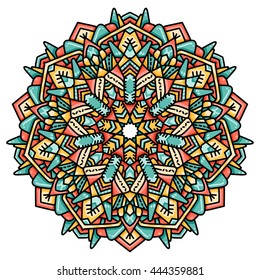 Mandala round ornament decorative isolated element, geometric floral circular pattern. Tribal ethnic Arabic Indian motif. Hand drawn fantasy abstract background