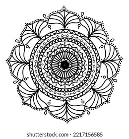 Mandala. Round ornament, floral motif. Design contour element. Coloring book-antistress. Hand-drawn oriental motif, icon, seal of meditative yoga. Outline of an isolated fashionable floral print