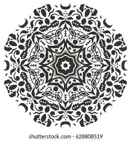 Mandala round ornament. Isolated black design element, doodle floral pattern. Elegant monochrome sketch decoration. Hand drawn art graphic background, tribal ethnic arabic, indian motif