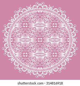 Mandala round ornament, lace doily pattern. Tribal ethnic decorative element for fabric and paper print, Invitations or Cards design. Vector fashion illustration, hand drawn background
