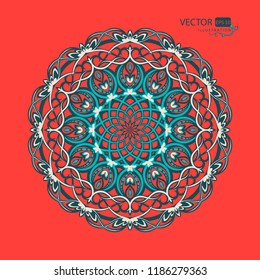 Mandala. Round ornament on red background. Decor element for design. Indo-European style. Vector illustration. Arabesque.