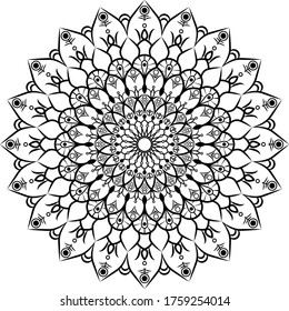 Mandala round ornament pattern. Anti-stress coloring page for kids and adults. Yoga, tatoo. Vector illustration.