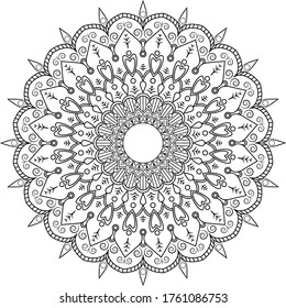 Mandala round ornament pattern. Anti-stress coloring page for kids and adults. Yoga, tatoo, mehndi, lace design. Vector illustration.