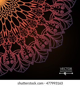 Mandala. Round Ornament Pattern. Hand Drawn Vintage Decorative Elements. Red, Yellow On Black Background. Islam, Arabic, Indian, Turkish, Pakistan, Ottoman Motifs. Place For Text. Vector Illustration.
