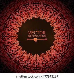 Mandala. Round Ornament Pattern. Hand Drawn Vintage Decorative Elements. Red, Yellow On Black Background. Islam, Arabic, Indian, Turkish, Pakistan, Ottoman Motifs. Place For Text. Vector Illustration.
