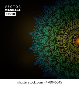 Mandala. Round Ornament Pattern. Hand Drawn Vintage Decorative Elements. Blue, Green, Yellow On Black Background. Vector Illustration.