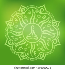 Mandala, round ornament pattern with meditating figure inside on green background, vector illustration