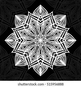 Mandala. Patrón de ornamento redondo sobre fondo negro. Ilustración vectorial.