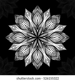 Mandala. Round Ornament Pattern on black background. Vector illustration.