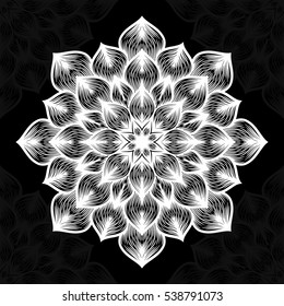Mandala. Round Ornament Pattern on black background. Vector illustration.
