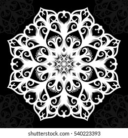 Mandala. Round Ornament Pattern on black background. Vector illustration.