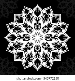 Mandala. Round Ornament Pattern on black background. Vector illustration.