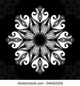 Mandala. Round Ornament Pattern on black background. Vector illustration.