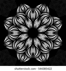 Mandala. Round Ornament Pattern on black background. Vector illustration.