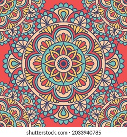Mandala Round Ornament Seamless Pattern, Ethnic Floral Pattern, Vintage Decorative Elements