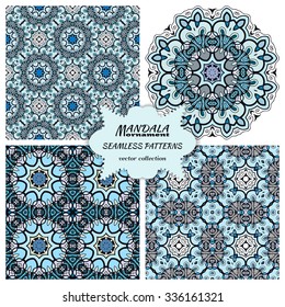 Mandala round ornament with seamless patterns. Vintage decorative elements. Hand drawn colorful blue doodle sketchy background. Islam, Arabic, Indian, ottoman motifs.