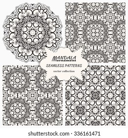 Mandala round ornament with seamless patterns. Vintage decorative elements. Hand drawn monochrome doodle sketchy background. Islam, Arabic, Indian, ottoman motifs.