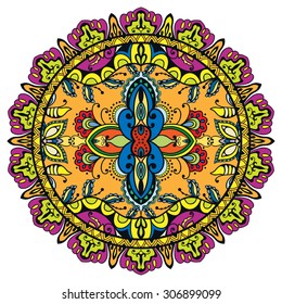 Mandala round ornament, tribal ethnic pattern, Arabic Indian motif, isolated decorative element for card design, t-shirt print. Vector fashion illustration, hand drawn background