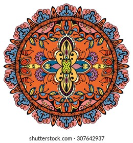 Mandala round ornament, tribal ethnic pattern, arabic Indian motif, isolated decorative element for card design, t-shirt print. Vector fashion illustration, hand drawn background
