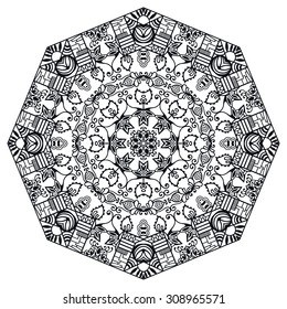 Mandala round ornament, tribal ethnic arabic Indian style, isolated decorative element for card design, t-shirt print. Vector fashion illustration, eight pointed circular abstract floral pattern.