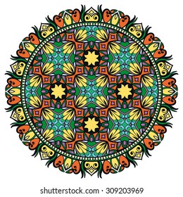 Mandala round ornament, tribal ethnic pattern, arabic Indian motif, isolated decorative element for card design, t-shirt print. Vector fashion illustration, hand drawn background
