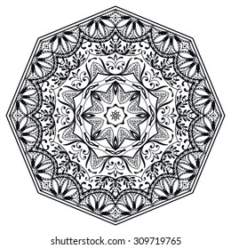 Mandala round ornament, tribal ethnic arabic Indian style, eight pointed circular abstract floral pattern, isolated decorative element for card design, t-shirt print. Vector black and white background