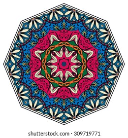 Mandala round ornament, tribal ethnic arabic Indian style, eight pointed circular abstract floral pattern, isolated decorative element for card design, t-shirt print. Vector fashion illustration.