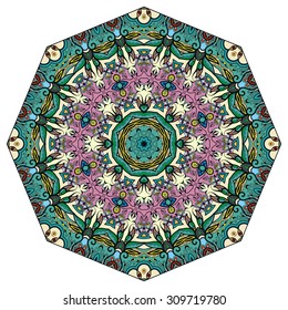 Mandala round ornament, tribal ethnic arabic Indian style, eight pointed circular abstract floral pattern, isolated decorative element for card design, t-shirt print. Vector fashion illustration.