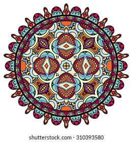 Mandala round ornament, tribal ethnic pattern, arabic Indian motif, isolated decorative element for card design, t-shirt print. Vector fashion illustration, hand drawn background